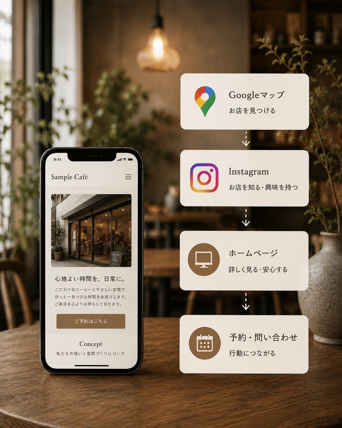Googleマップ、Instagram、ホームページ、予約・問い合わせまでの流れを表したカフェ風の導線イメージ
